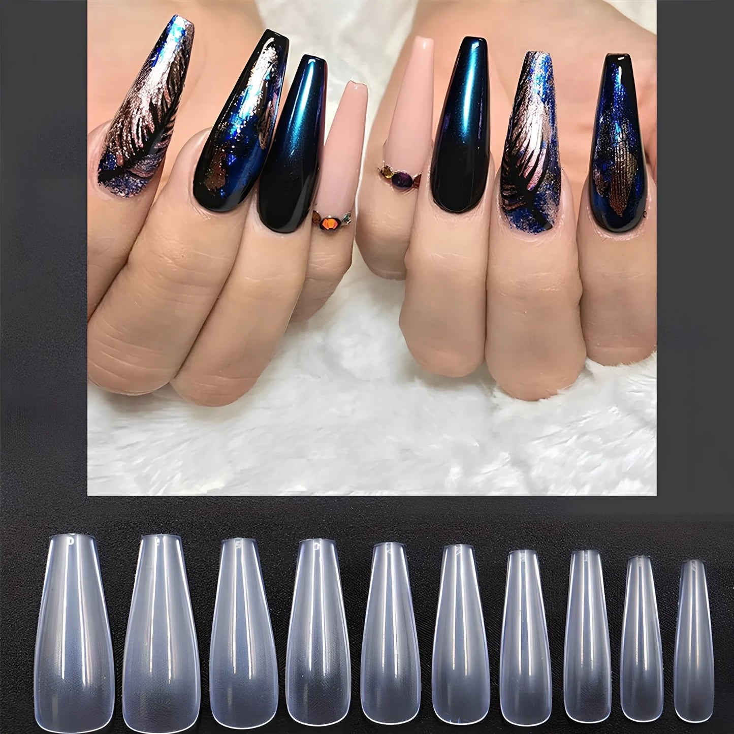 Pack of 500 clear and natural ballet shaped false nails in 10 sizes, ABS material for professional application
