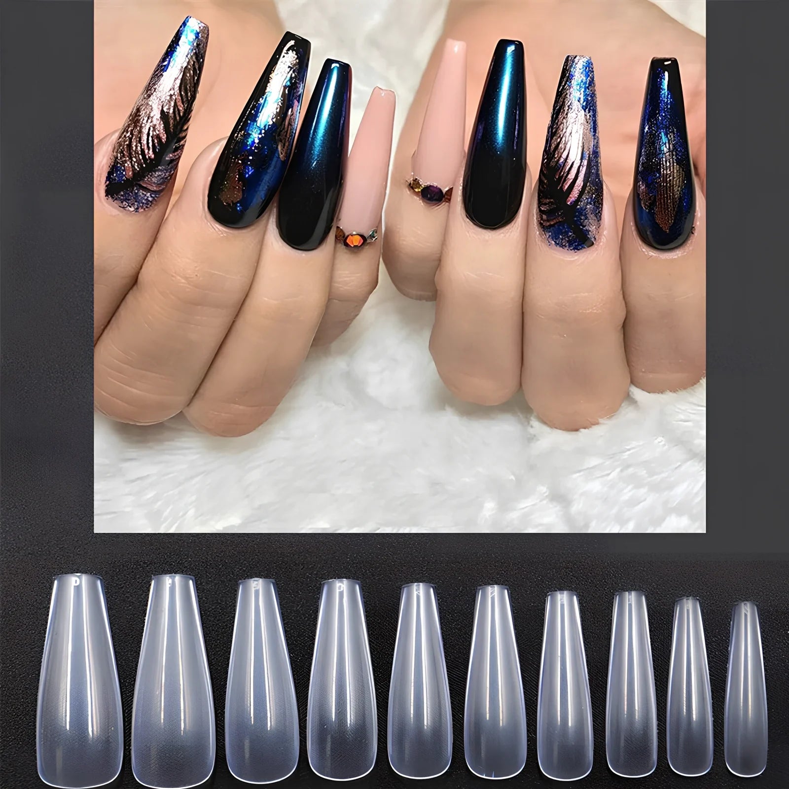 Pack of 500 clear and natural ballet shaped false nails in 10 sizes, ABS material for professional application