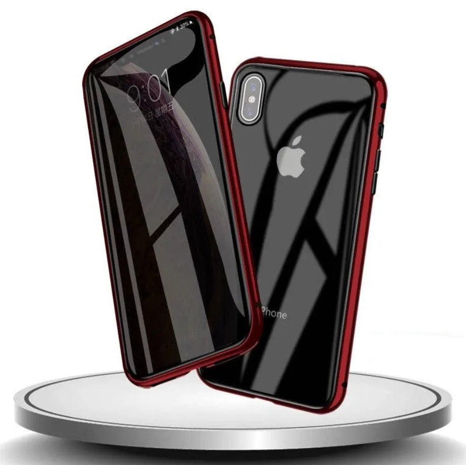 Glass anti-spy clamshell phone case in multiple colours for iPhone models.