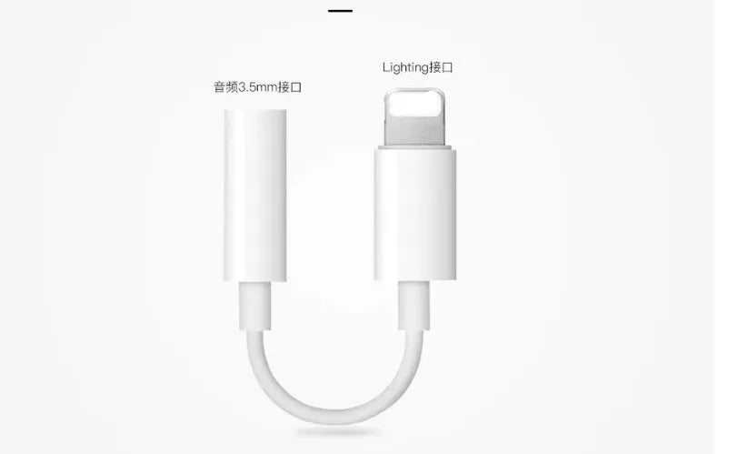 White Lightning to 3.5mm audio adapter for iPhone compatibility.