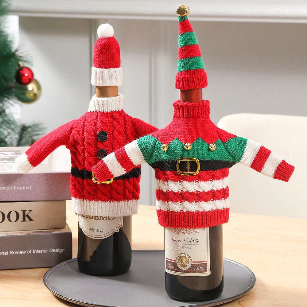 Knit wine bottle covers in red and green stripes and red belt designs for Christmas and winter holidays