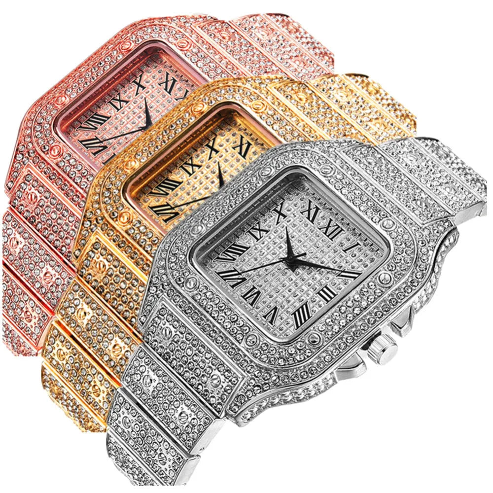 Square Roman grain dial quartz watch with diamond studs on a black mesh band, with matching bracelet and necklace.