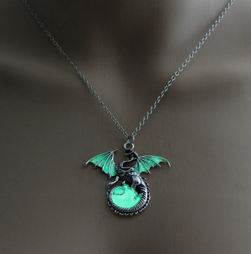 Glowing Vintage Flying Dragon Necklace with luminous pendant in ancient bronze and silver plating options
