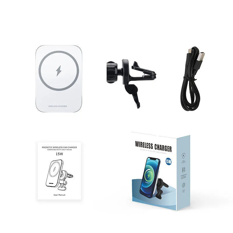 Black or silver 15W magnetic wireless charging car phone holder for Apple iPhone 12 series.
