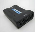 1080P HDMI to SCART bidirectional converter in black ABS plastic housing with USB cable