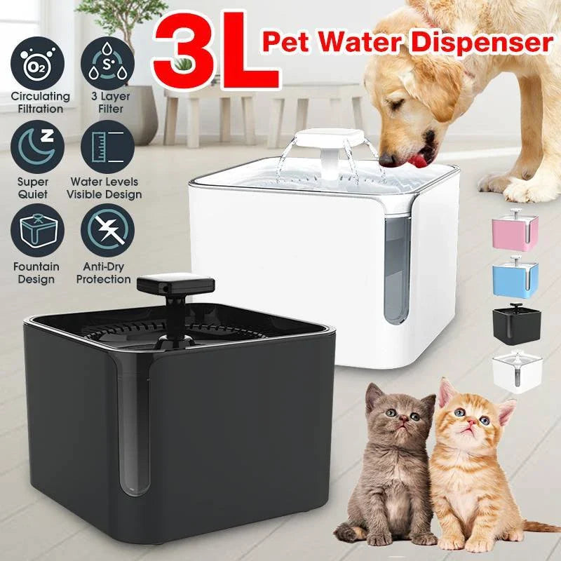 A 3L automatic USB-powered pet water fountain with 360-degree circulating filtration, designed to keep your cat or dog's water fresh and clean.