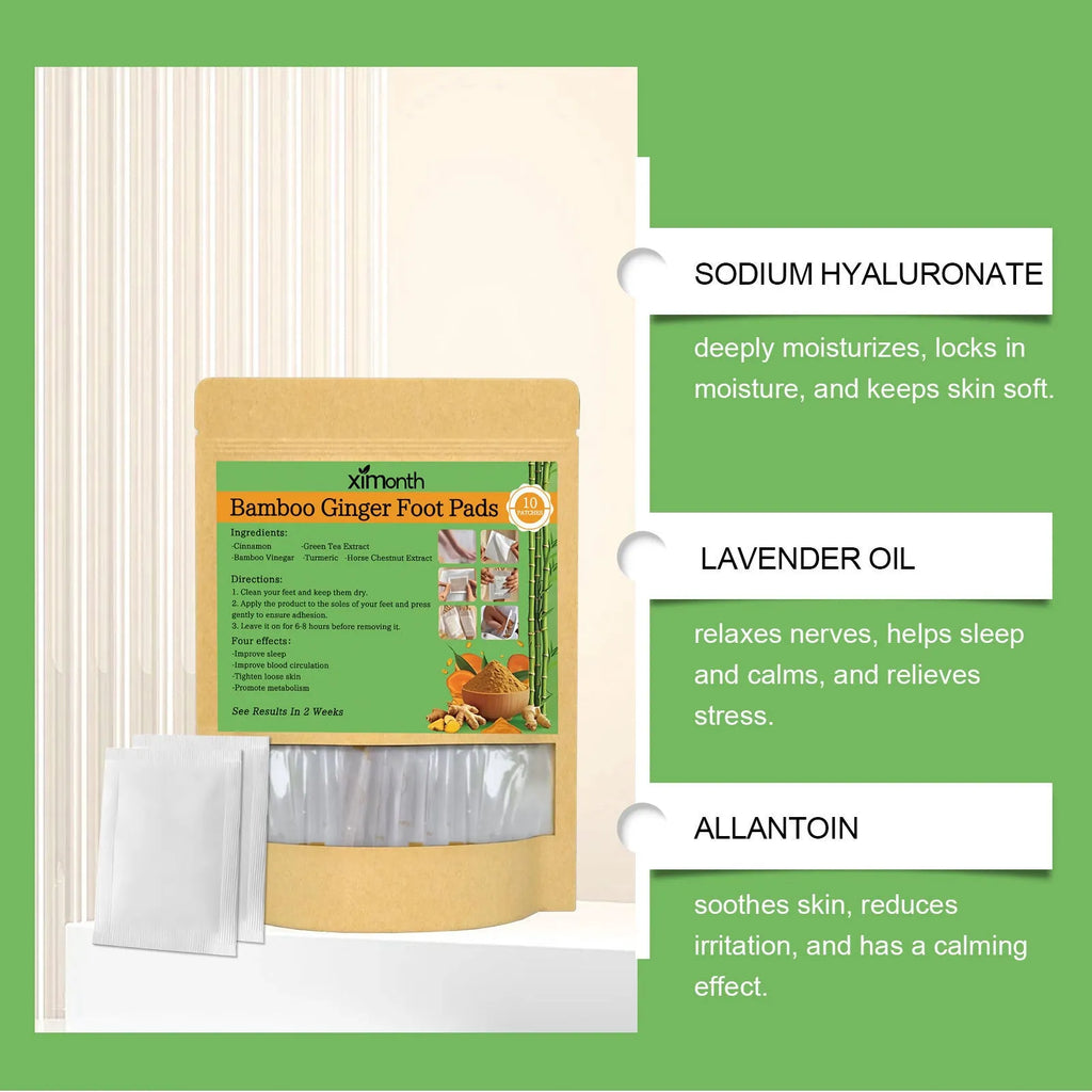 Pack of 10 adhesive health patches with ginger, turmeric, and bamboo vinegar ingredients.
