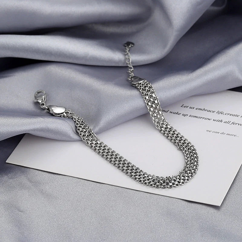 Multi-layer lace woven round beads chain bracelet in white gold color