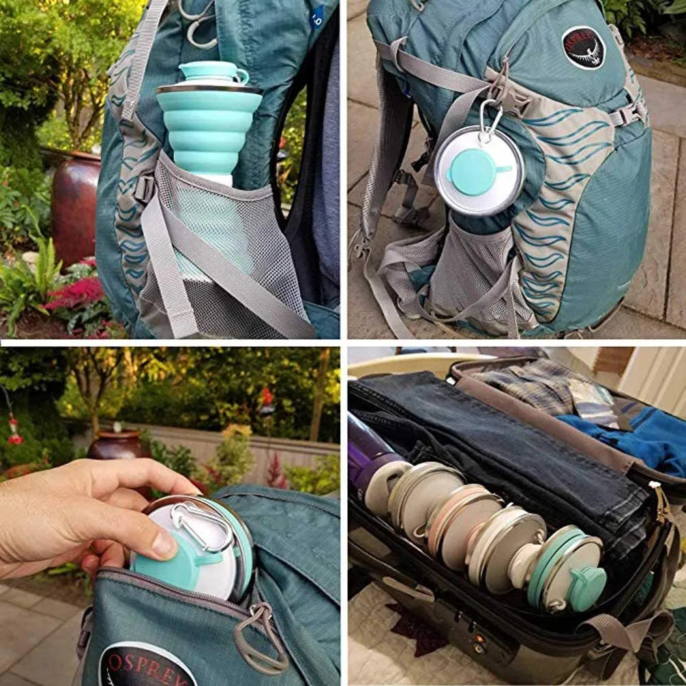 500ml collapsible silicone travel cup shown folded and unfolded with hanging rope and stainless steel rim
