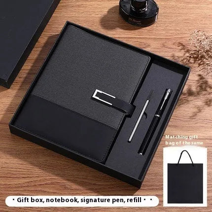 A5 soft PU leather business notebook in choice of five colours, shown with wood-free paper pages and optional gift box.