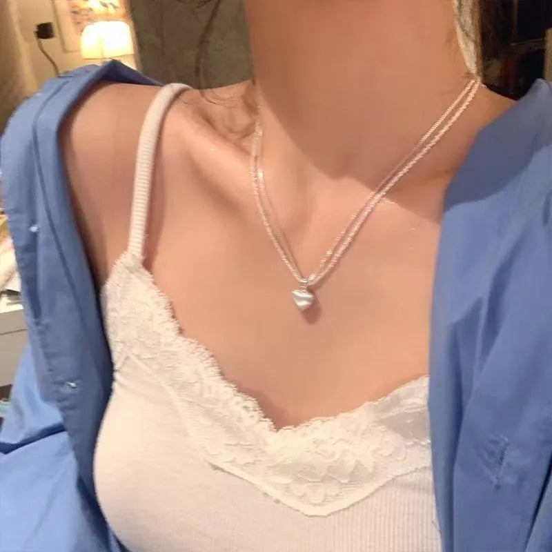 Double-layer brushed heart pendant necklace on silver-colour chain
