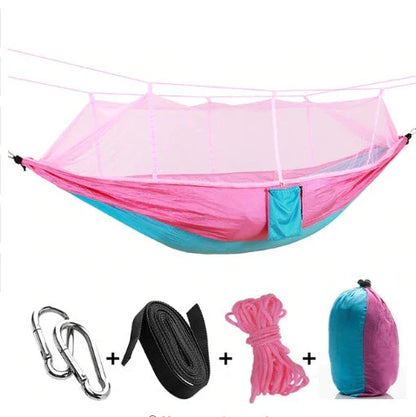 Parachute hammock with mosquito net in various colors and sizes, ideal for outdoor adventures and relaxation