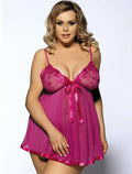 Women's purple lace and mesh sleeveless sleepdress lingerie on a hanger.