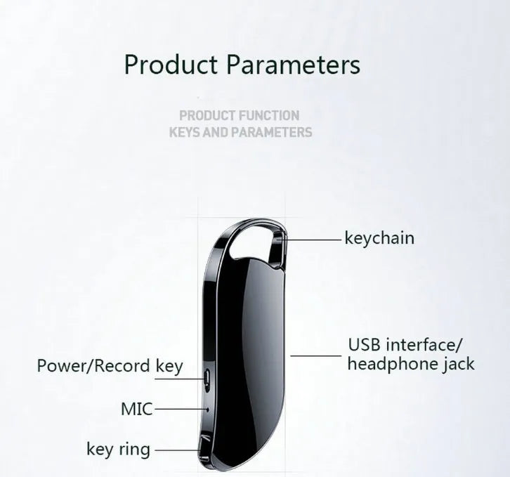 Black keychain digital voice recorder with metal shell and USB port