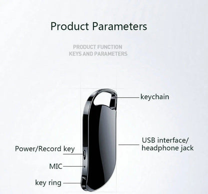 Voice-activated digital recorder with metal and zinc alloy construction, featuring high-definition audio, timestamp, and multi-purpose USB/MP3 capabilities