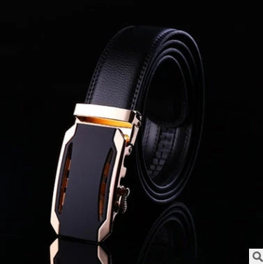Men's automatic buckle leather belt with gold buckle head, 3.55cm width