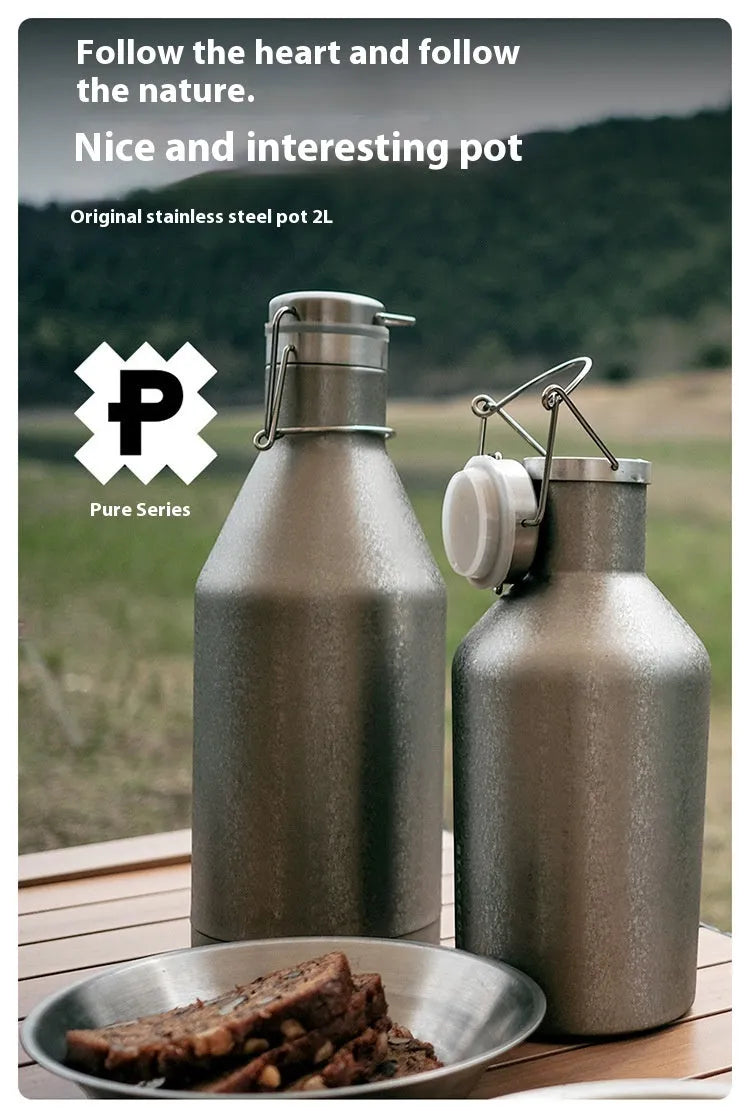 Stainless steel thermal pot with large capacity, showing single-layer and double-layer insulation options