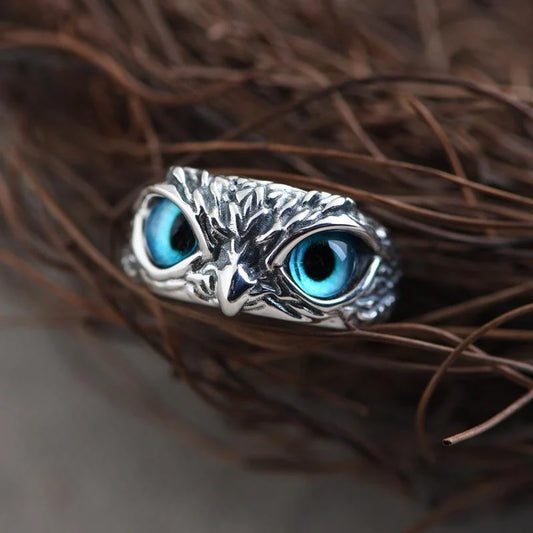 Vintage demon eye owl ring in sterling silver with adjustable opening