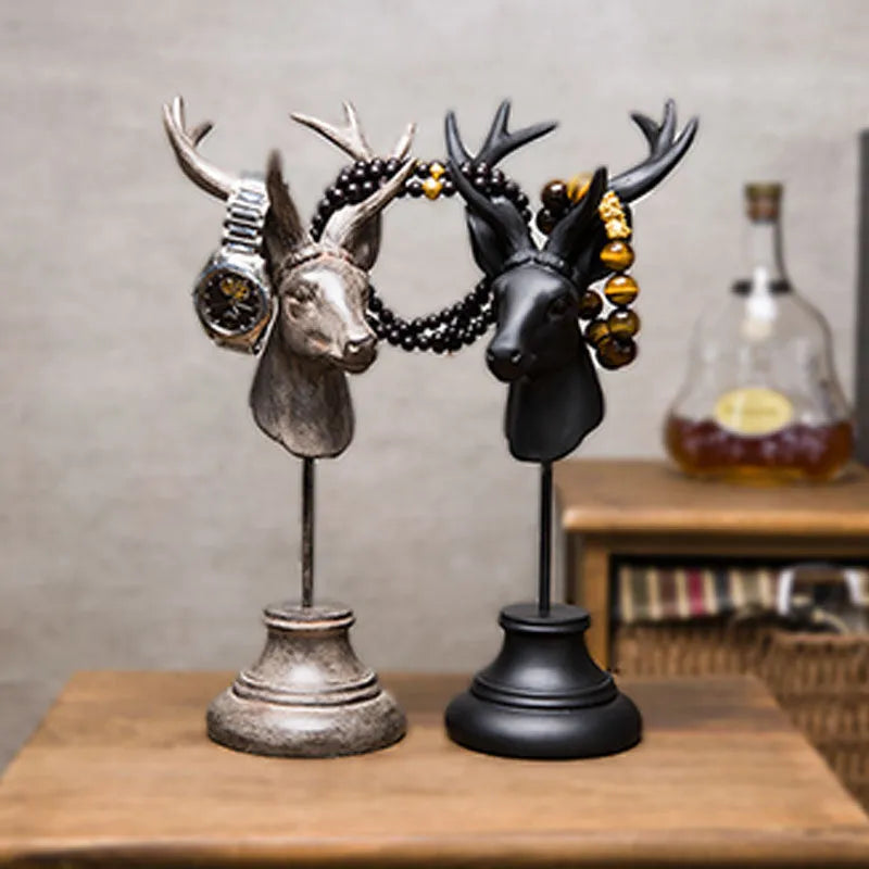 Natural resin animal sculpture home decoration in black, white, and wood colour finishes, dimensions 13cm by 15cm by 32cm.