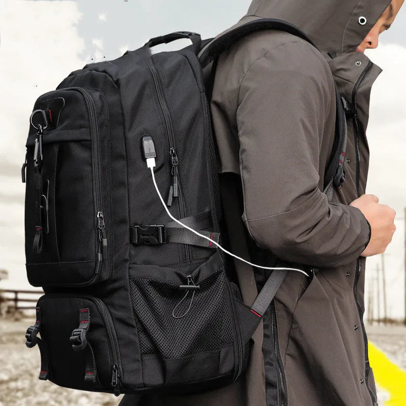 Oxford cloth large capacity travel backpack in black with USB charging port and multiple zippered pockets