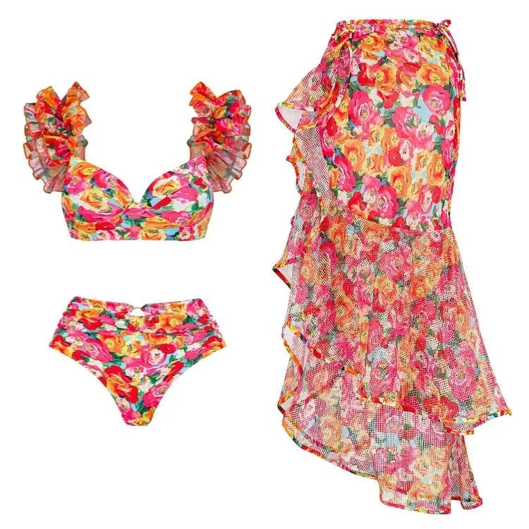 Women's floral push-up bikini swimsuit with high waist briefs on mannequin