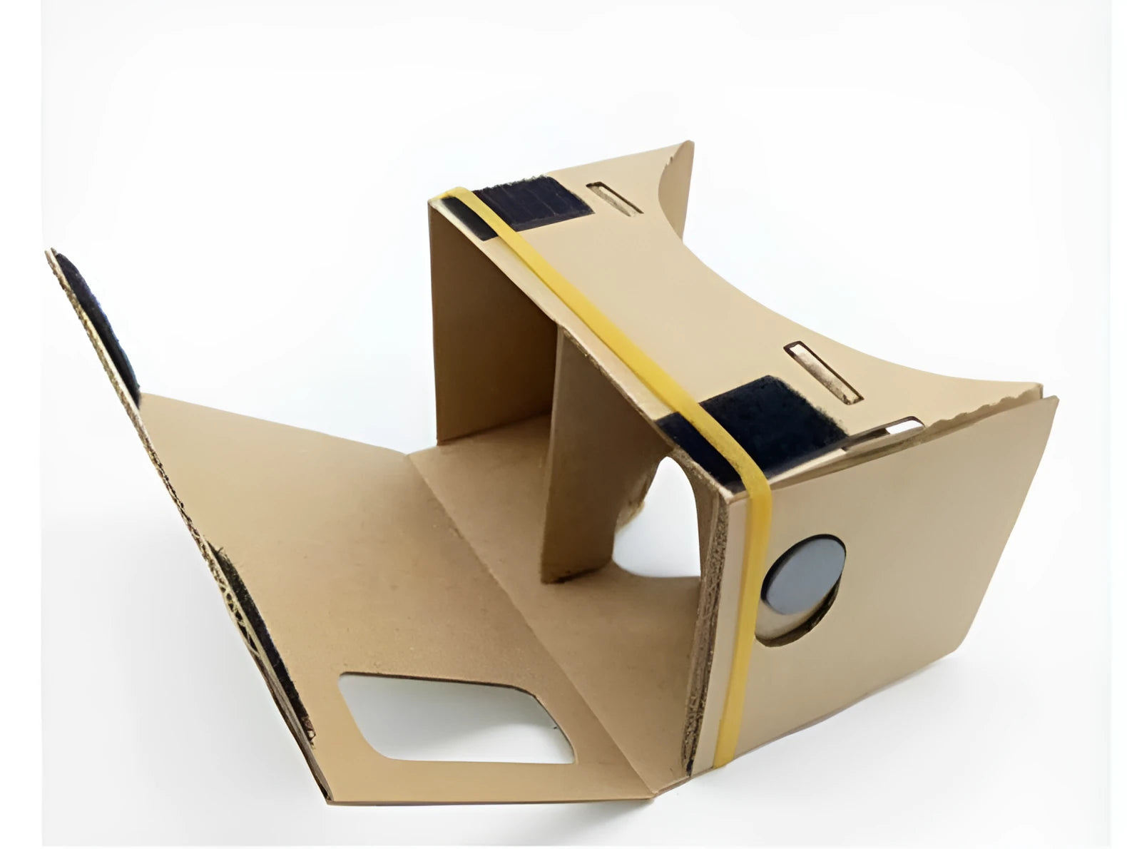 Pink and white foldable VR cardboard glasses headset with 3D lenses for smartphones.