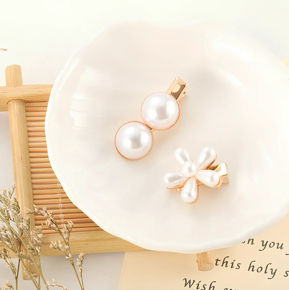 Slip-on pearl bow hair clip in alloy with flower at 2.4cm and pearls up to 7.2cm, secure grip design