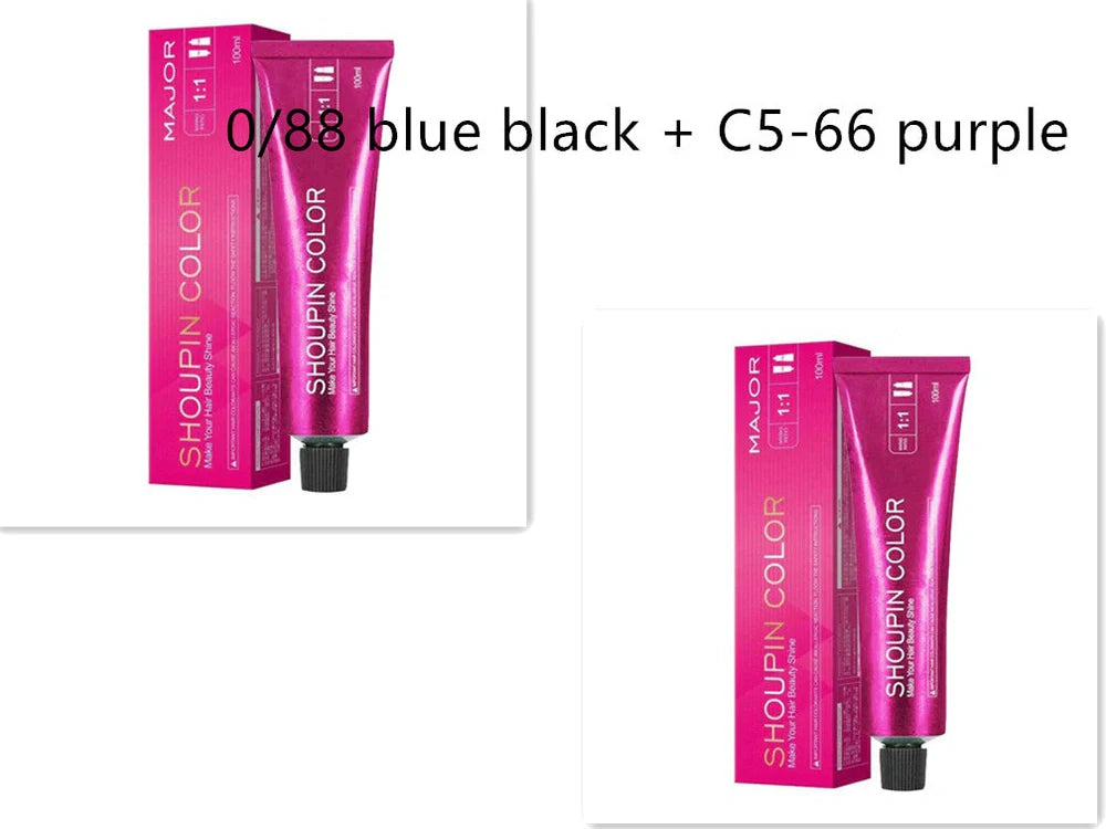 Ammonia-free hair dye 100ml tube with colour chart showing 40+ shades including WG75 cold brown and C5-66 purple