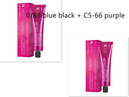 Ammonia-free hair dye 100ml tube with colour chart showing 40+ shades including WG75 cold brown and C5-66 purple