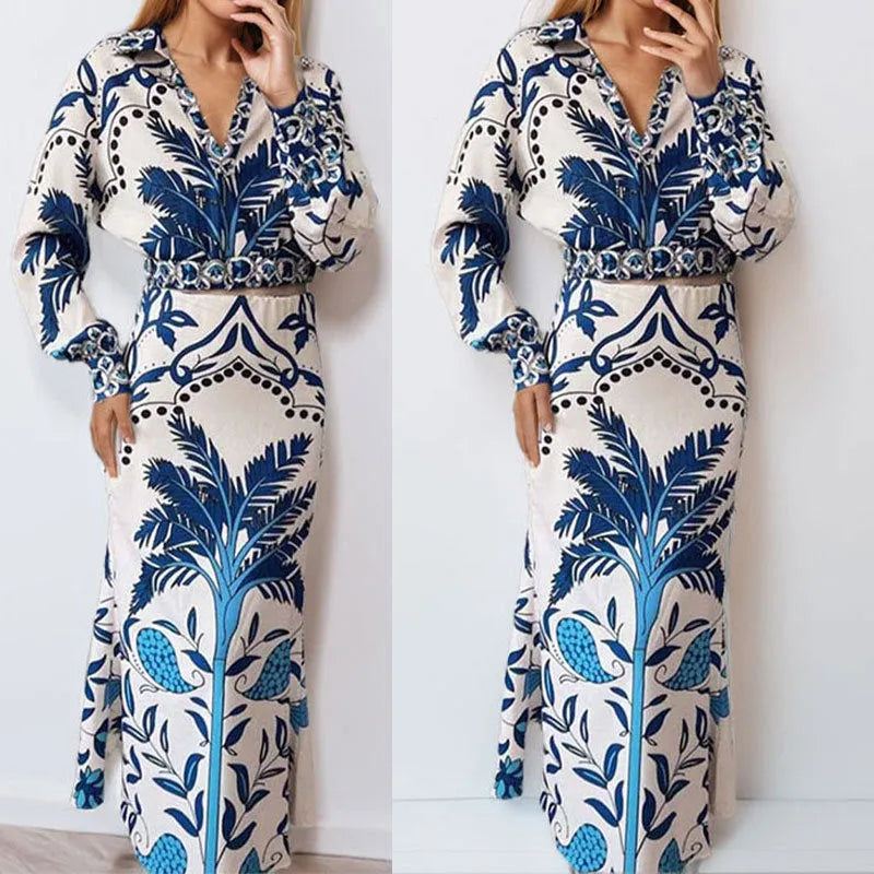 Early spring floral casual set with long sleeve top and long skirt in picture colour
