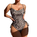 Leopard print spaghetti straps one piece swimsuit, backless sling style, high elasticity