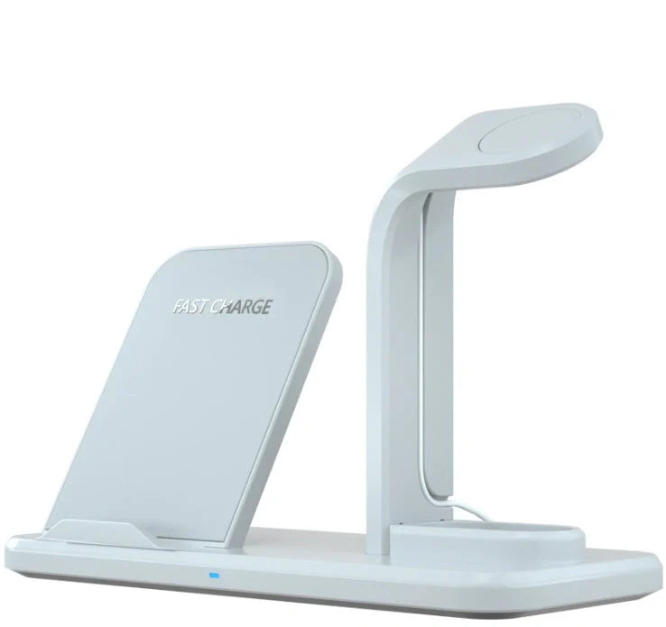 Black wireless charger bracket showing phone charging position with 10W output and dual USB ports