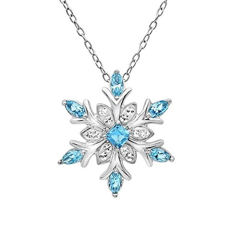 Zircon Christmas Snowflake Necklace with bamboo chain in blue and white