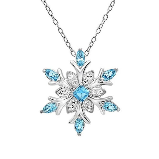 Zircon Christmas Snowflake Necklace with bamboo chain in blue and white