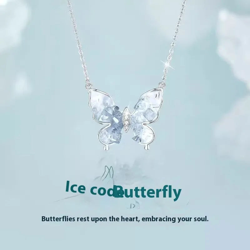 Bingyu butterfly pendant necklace in S925 silver on adjustable O-ring chain 41-50cm