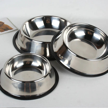 Stainless steel pet bowls with non-slip base, available in multiple sizes