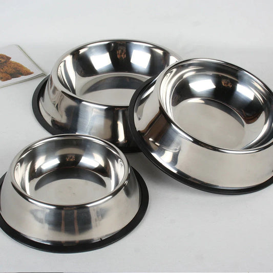 Stainless steel pet bowls with non-slip base, available in multiple sizes