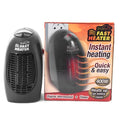 Black mini portable electric heater with digital display and a rotating three-prong plug.