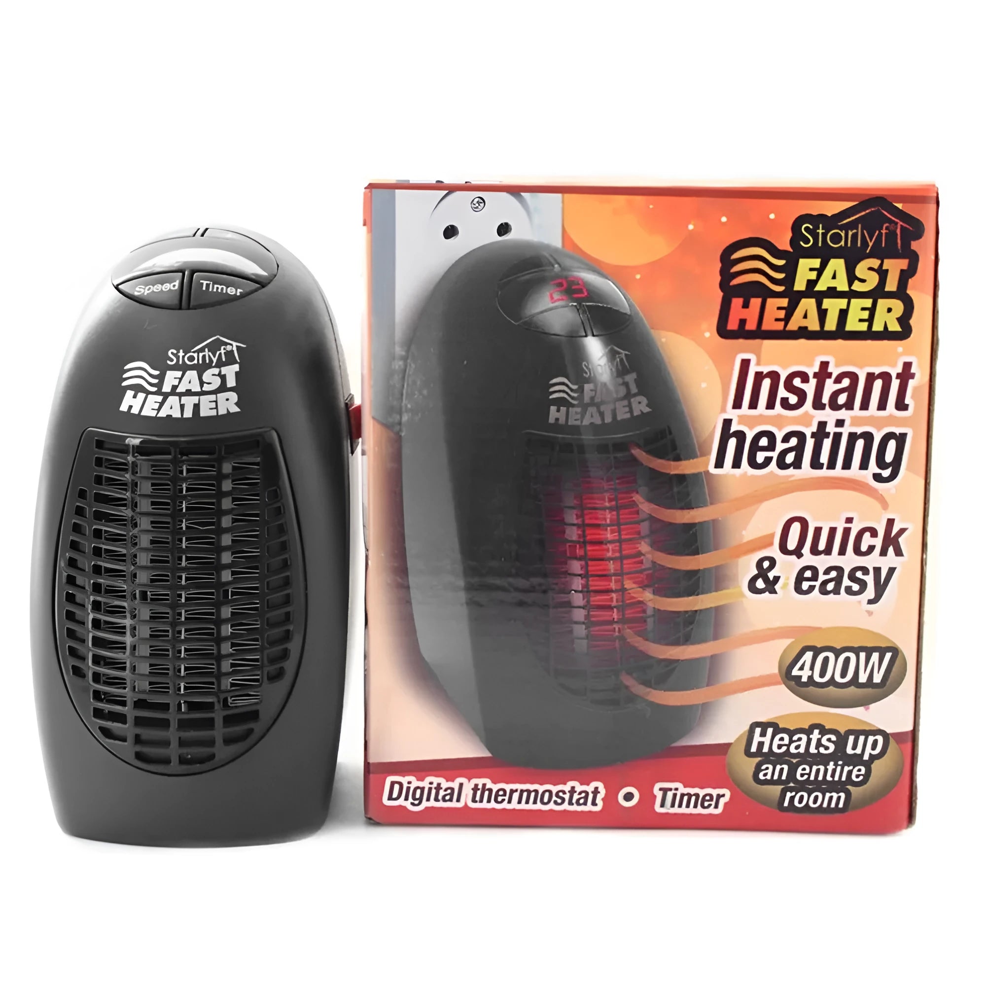 Black mini portable electric heater with digital display and a rotating three-prong plug.