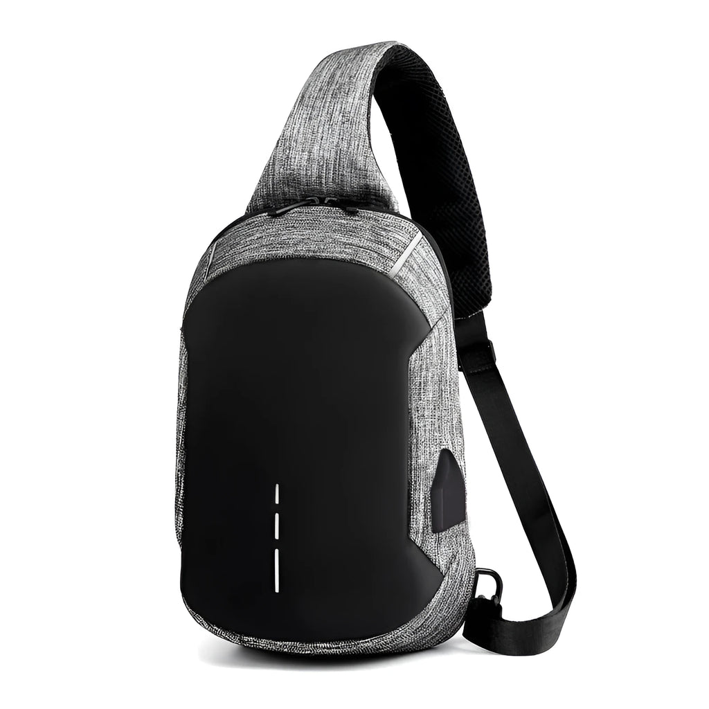 Dark blue waterproof oxford cloth chest bag with a single strap and front zipper.