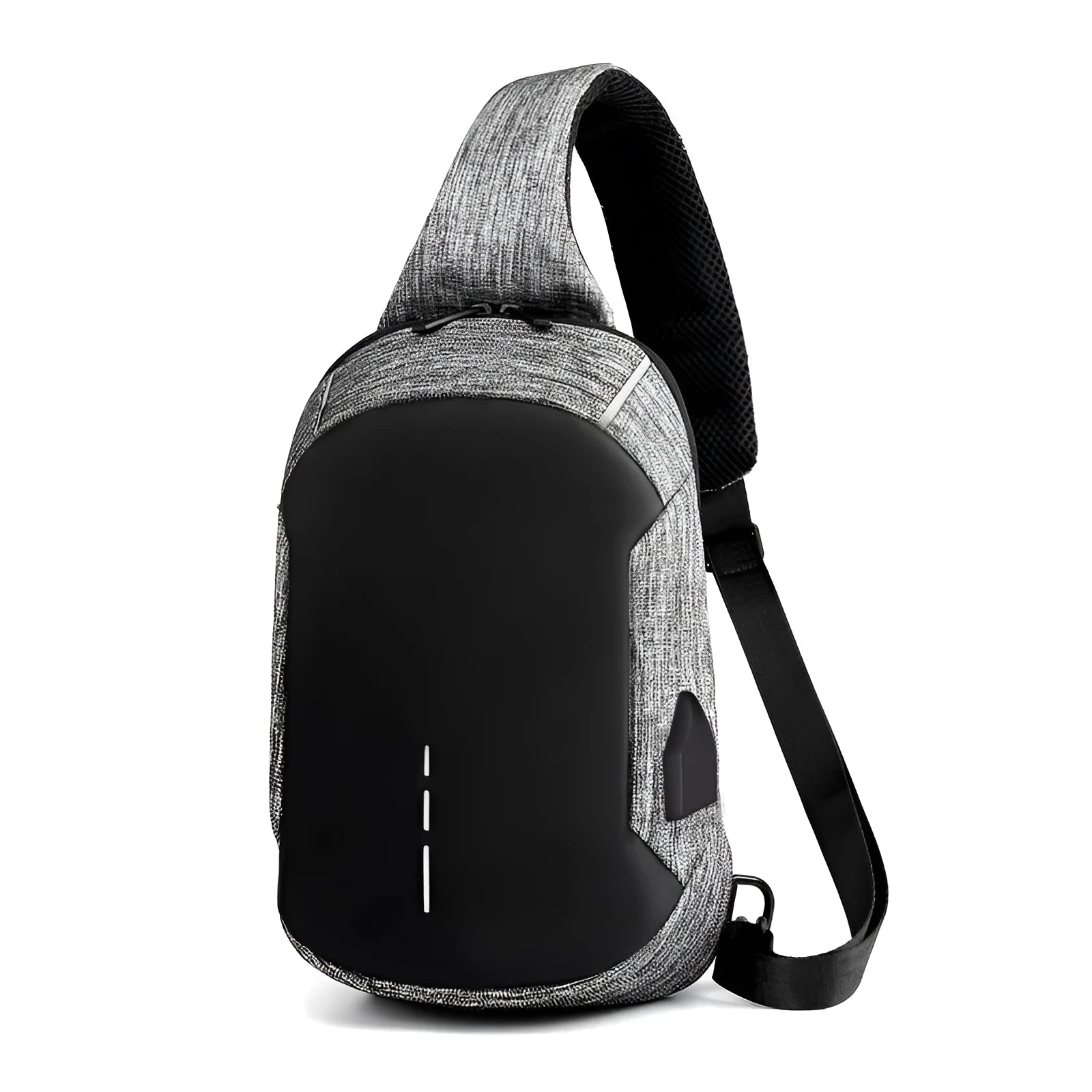 Dark blue waterproof oxford cloth chest bag with a single strap and front zipper.