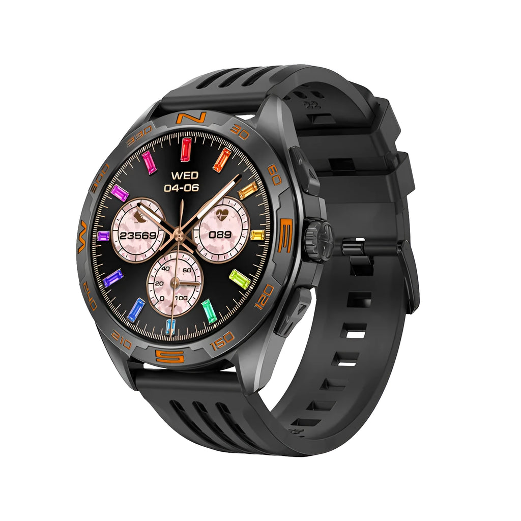 Black steel smart watch for men showing display with heart rate and Bluetooth calling icons.