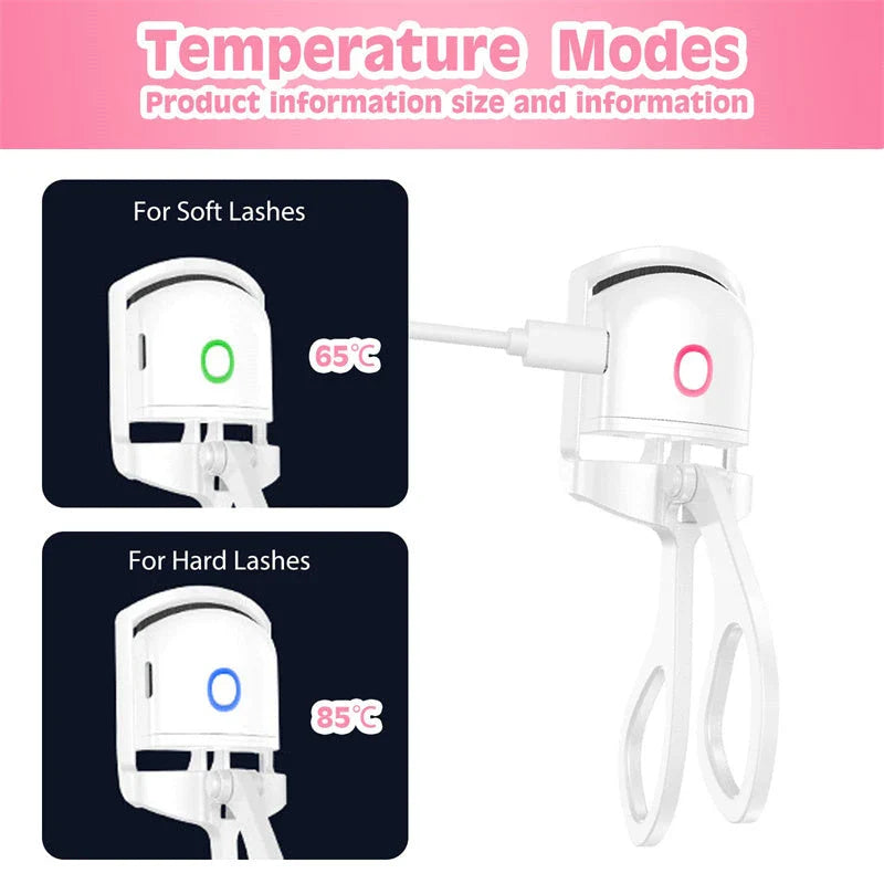 Rechargeable electric heated eyelash curler with temperature control settings, soft silicone pad, and compact, portable design for salon-quality lashes anytime, anywhere