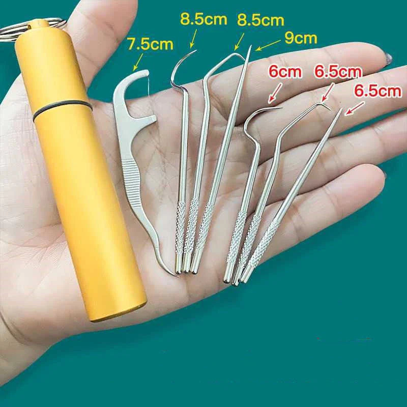 Stainless steel toothpick set with dental floss in white and yellow cylinders
