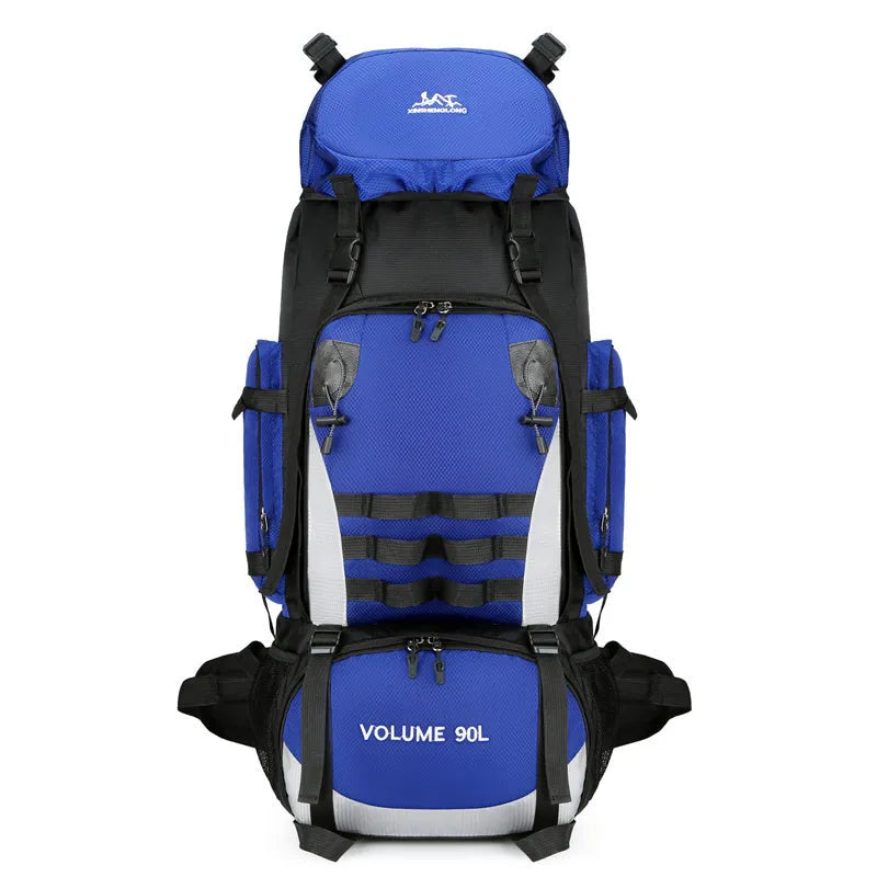 90L large capacity waterproof outdoor travel backpack for men in black, blue, and camouflage