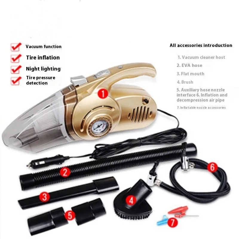 12V wet and dry four-in-one car cleaner with gold ABS body, 35cm length, handheld design