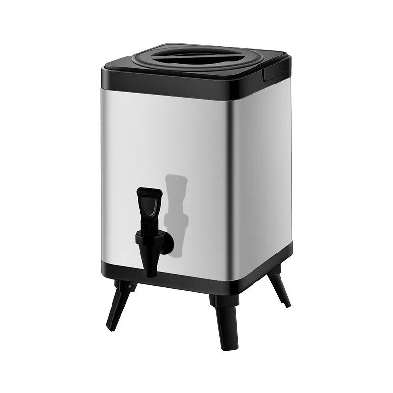 Silver stainless steel milk tea bucket with square-lock lid showing 8L capacity for commercial beverage service