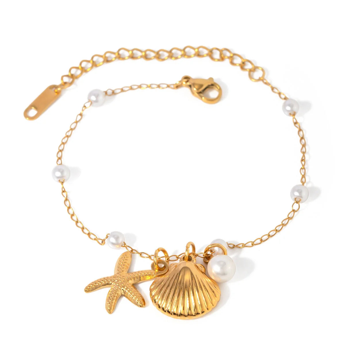 18K gold-plated stainless steel bracelet with pearl chain and shell starfish pendant