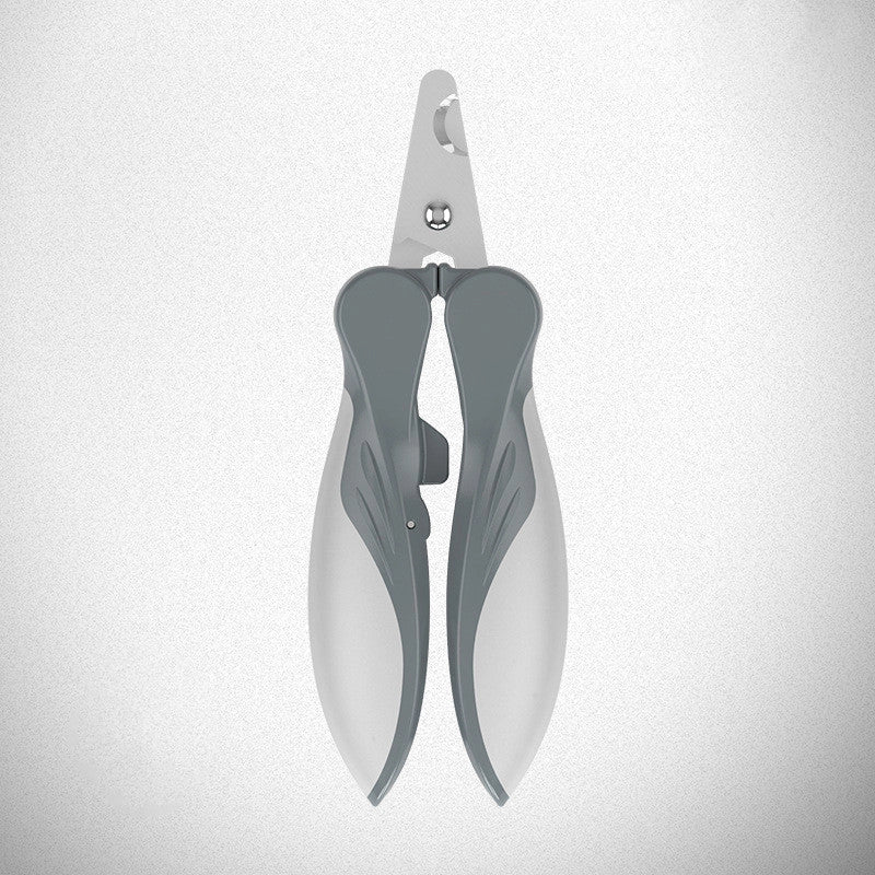 Pet dog nail clippers with stainless steel blades and soft rubber grip in pink, green, and grey