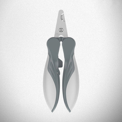 Pet dog nail clippers with stainless steel blades and soft rubber grip in pink, green, and grey